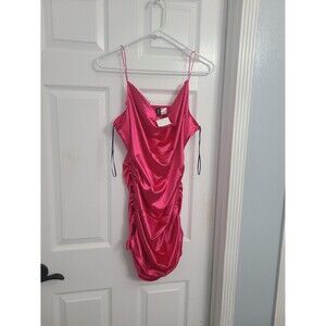 H&M Divided hot pink satin slip dress features ruched side details with adjustab